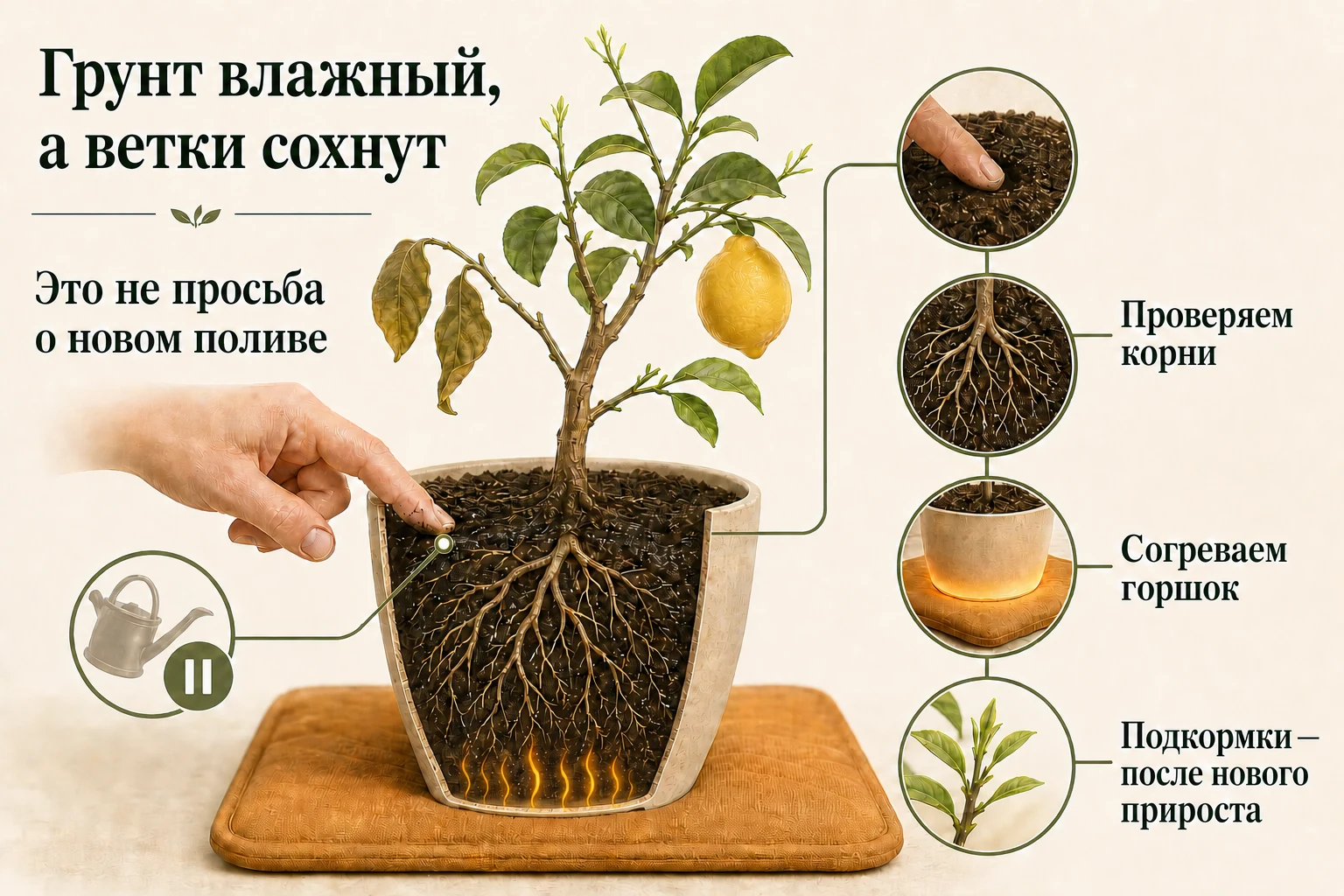 Что делать, если грунт влажный, а ветки лимона продолжают сохнуть