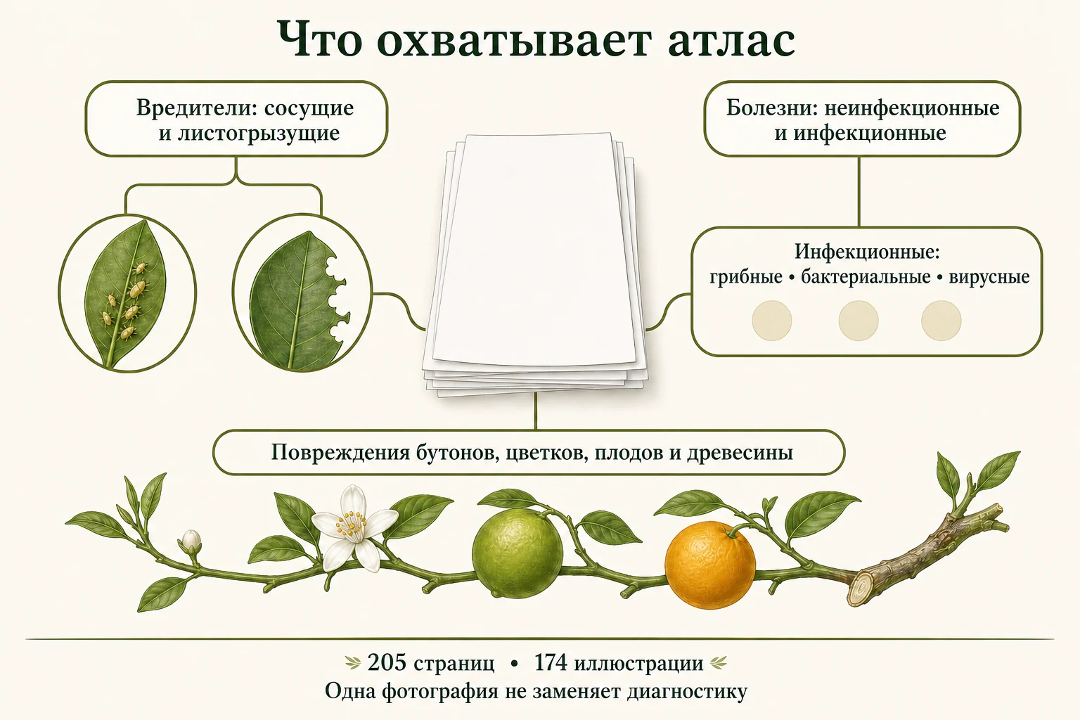 Структура атласа: вредители, повреждения органов цитруса, неинфекционные и инфекционные болезни.
