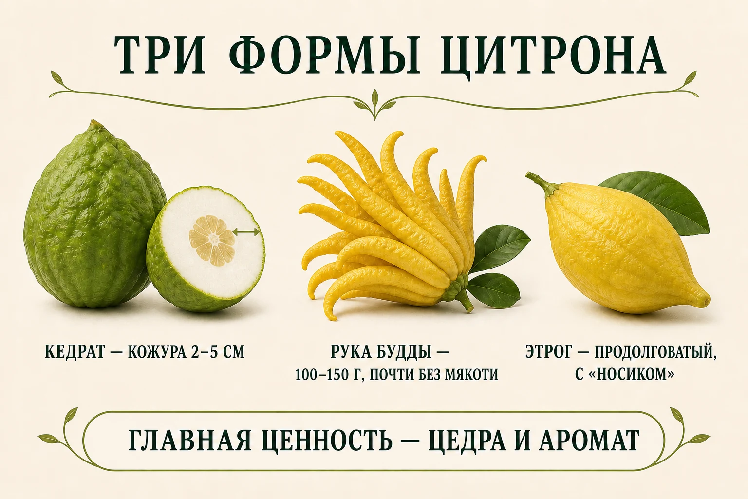 Сравнение плодов кедрата, Руки Будды и этрога по форме, толщине кожуры и назначению