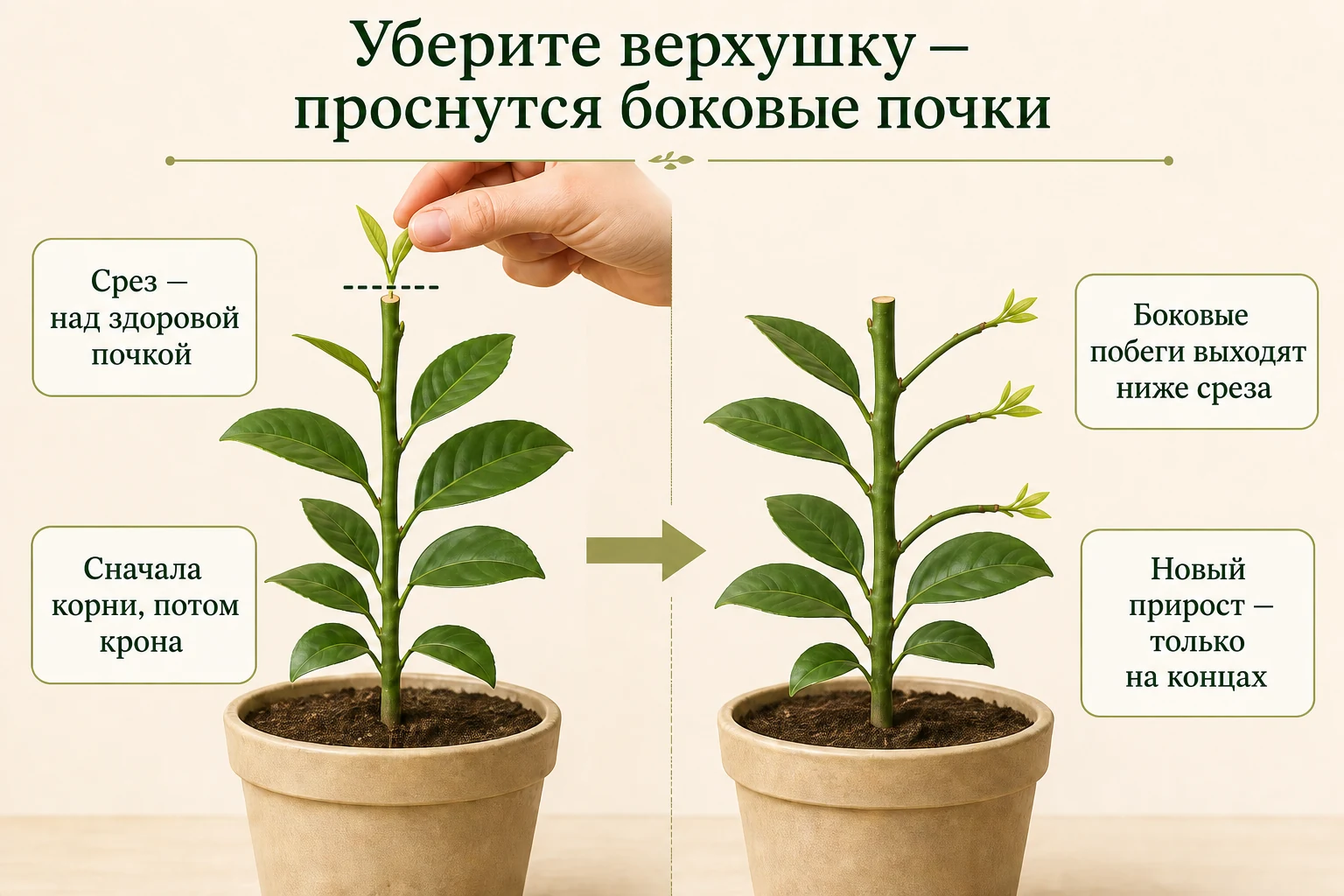 Прищипка верхушки лимона и пробуждение трёх боковых почек ниже зажившего среза.