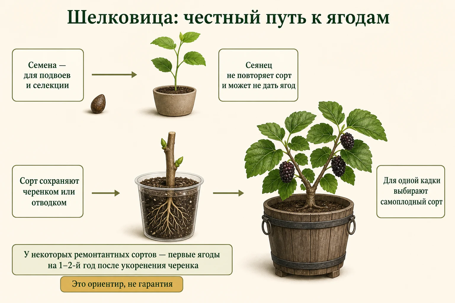 Семенное и сортовое размножение шелковицы: сеянец не сохраняет сорт, а черенок или отводок сохраняет; для кадки выбирают самоплодную форму.