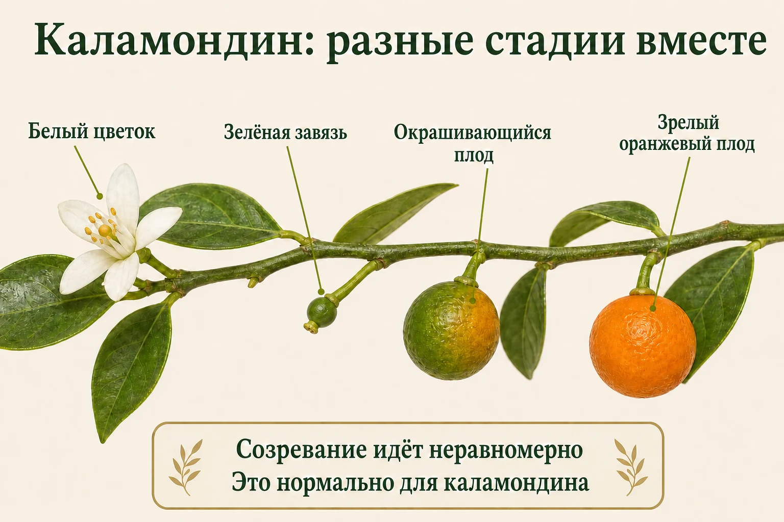 Одна ветвь каламондина одновременно несёт белый цветок, зелёную завязь, окрашивающийся и зрелый оранжевый плод.