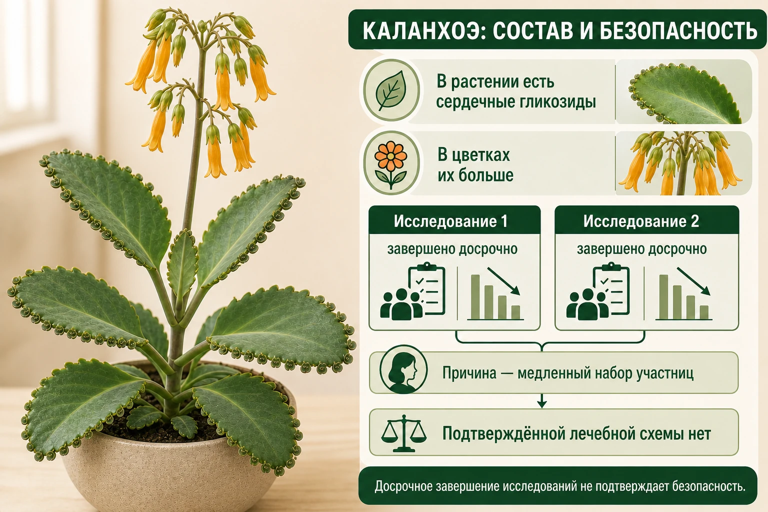 Каланхоэ перистое, отдельная выноска к цветкам и две остановленные карточки исследований с причиной медленного набора.
