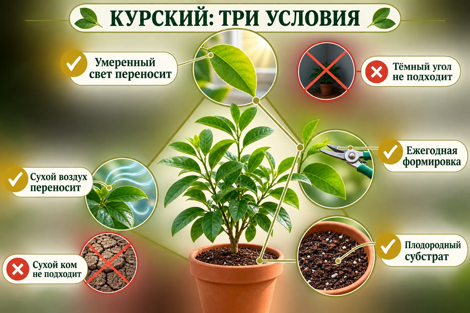 Треугольник ухода за Курским лимоном: умеренный свет, не пересушенный питательный грунт и ежегодная формировка кроны.