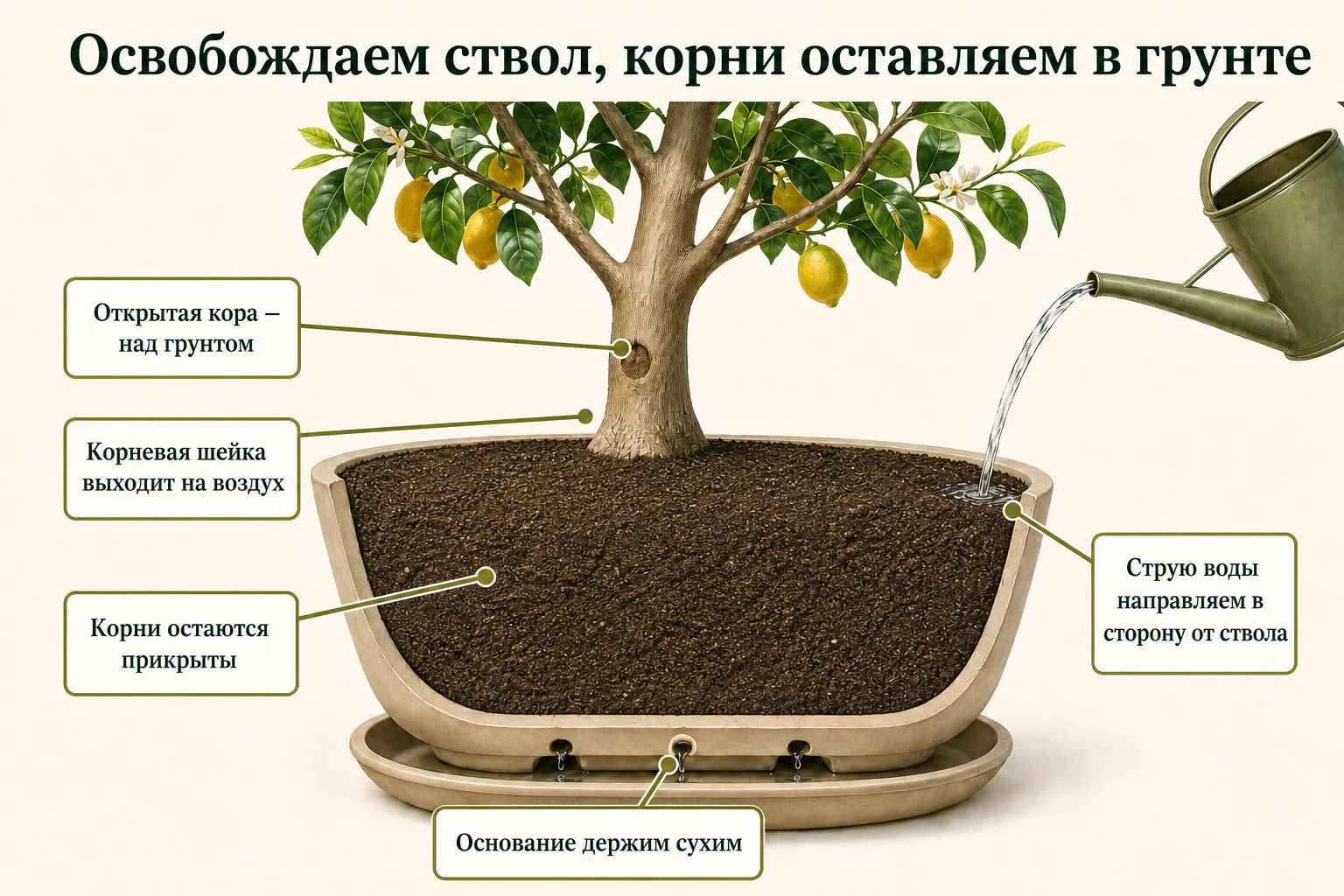 При ранке у основания грунт отодвигают от открытой коры, оставляя корневую шейку на воздухе, а корни — прикрытыми.