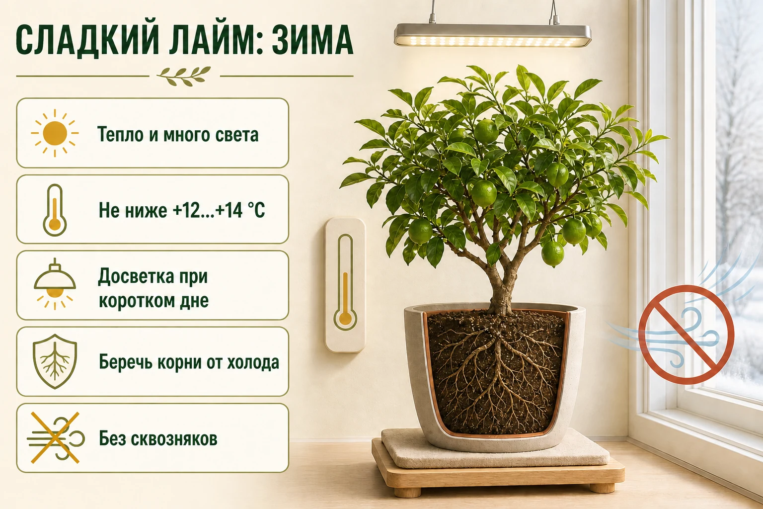Тёплая светлая зимовка Палестинского сладкого лайма с досветкой и защитой корней от холода и сквозняка.