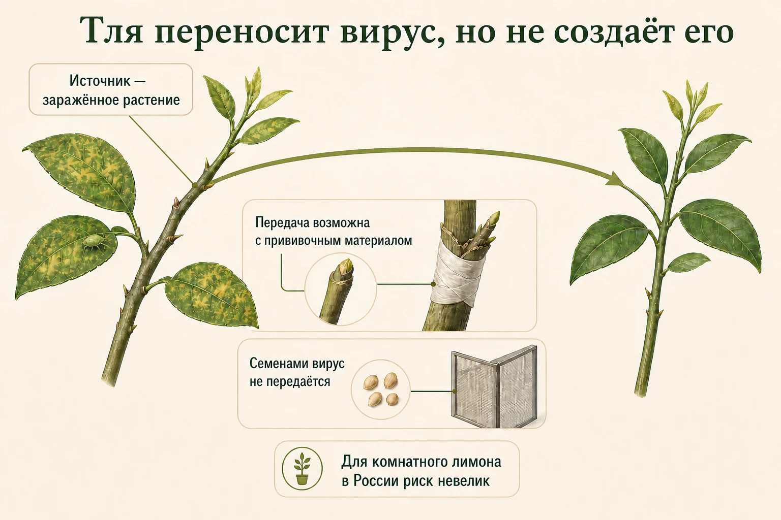 Две отдельные ветви цитруса, тля как переносчик вируса, прививочный материал и непройденный путь через семя.
