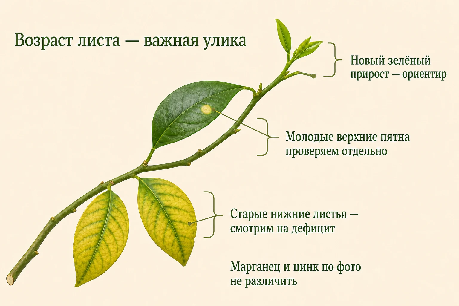 На одной ветви лимона нижние старые листья с межжилковым хлорозом отделены от верхнего пятна и нового зелёного прироста на конце.