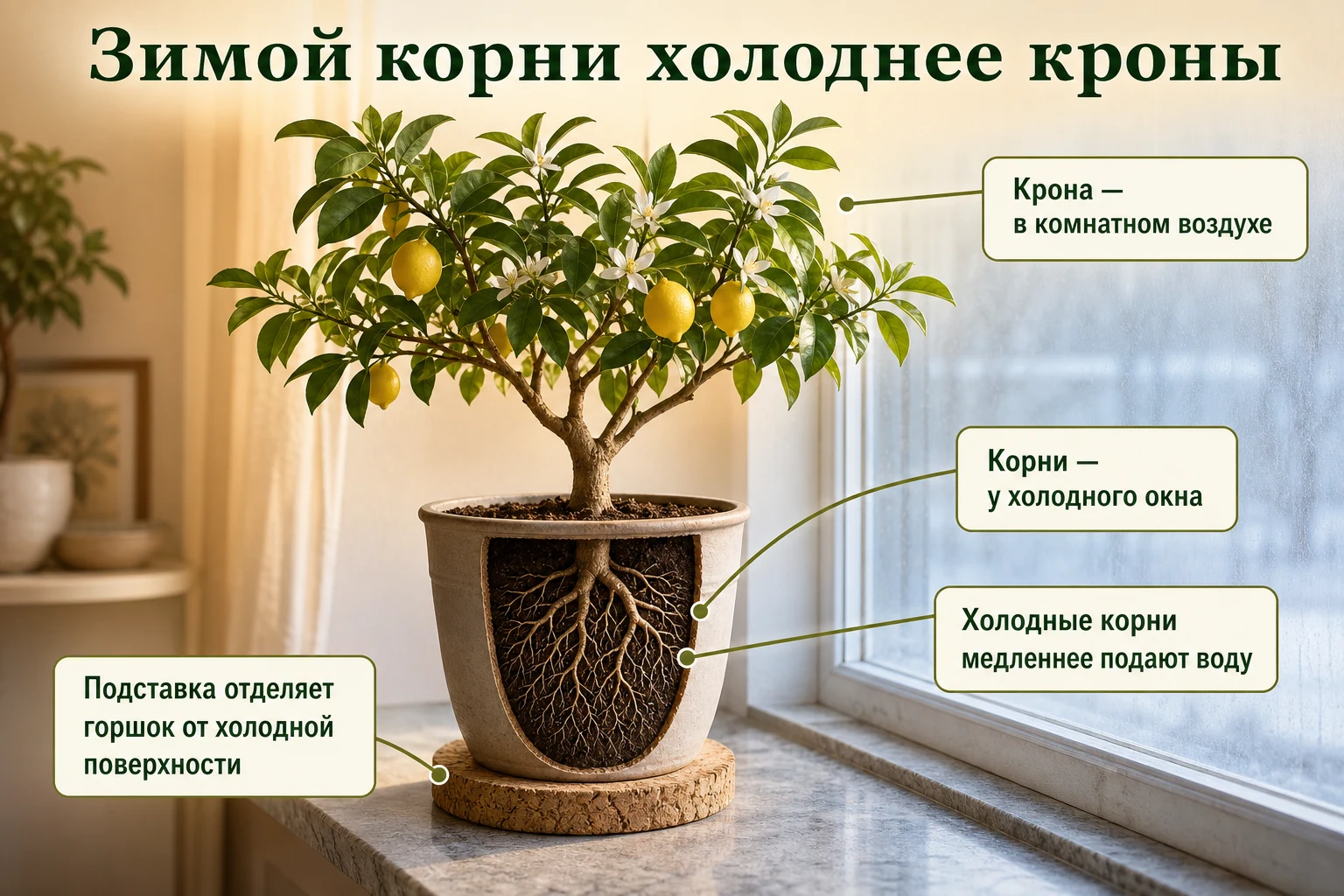 Зимний кадочный цитрус: крона находится в тёплом комнатном воздухе, корни у холодного окна, а подставка отделяет горшок от холодного подоконника.