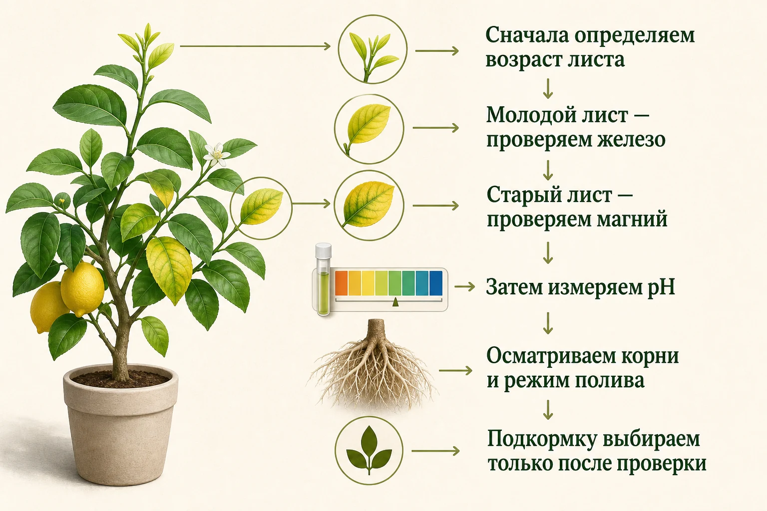 Сначала возраст листа, затем pH: наглядная схема для комнатных цитрусов