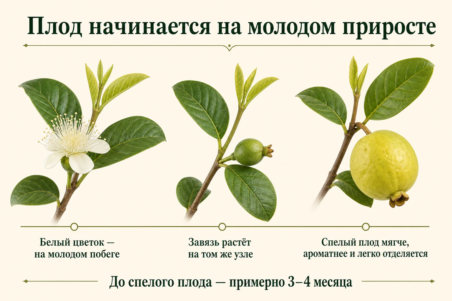 Цикл гуайявы на молодом приросте: белый цветок, зелёная завязь и спелый плод примерно через 3–4 месяца.