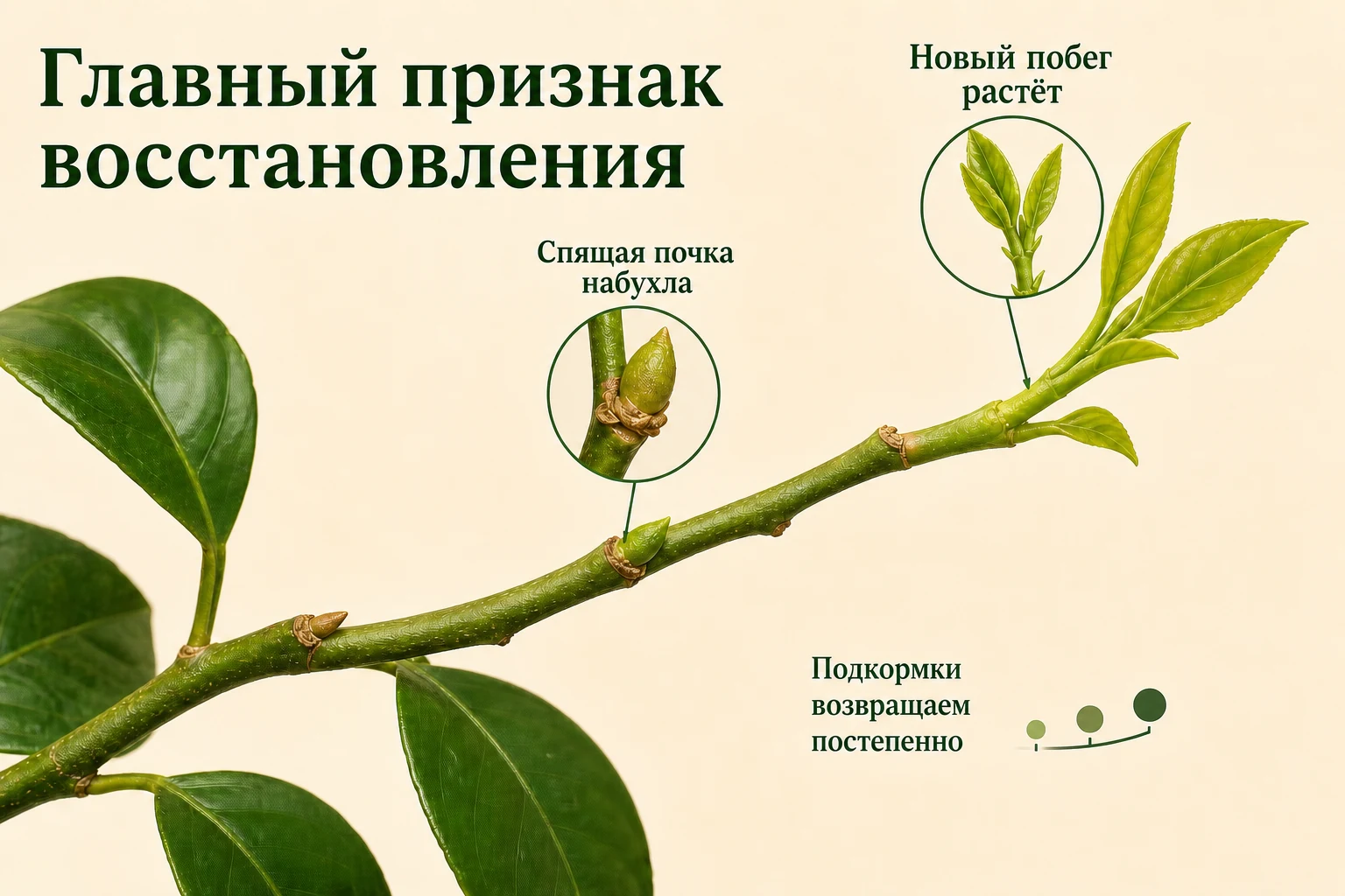 Набухание почки и молодой побег как признак восстановления лимона