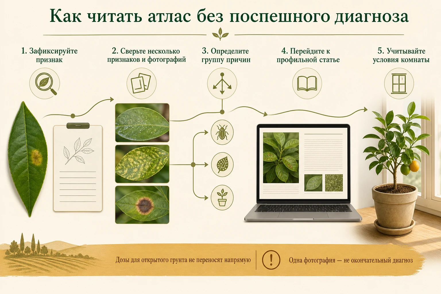 Пять шагов работы с атласом: зафиксировать признак, сравнить несколько источников, определить группу причин и перейти к профильной статье с поправкой на комнату.