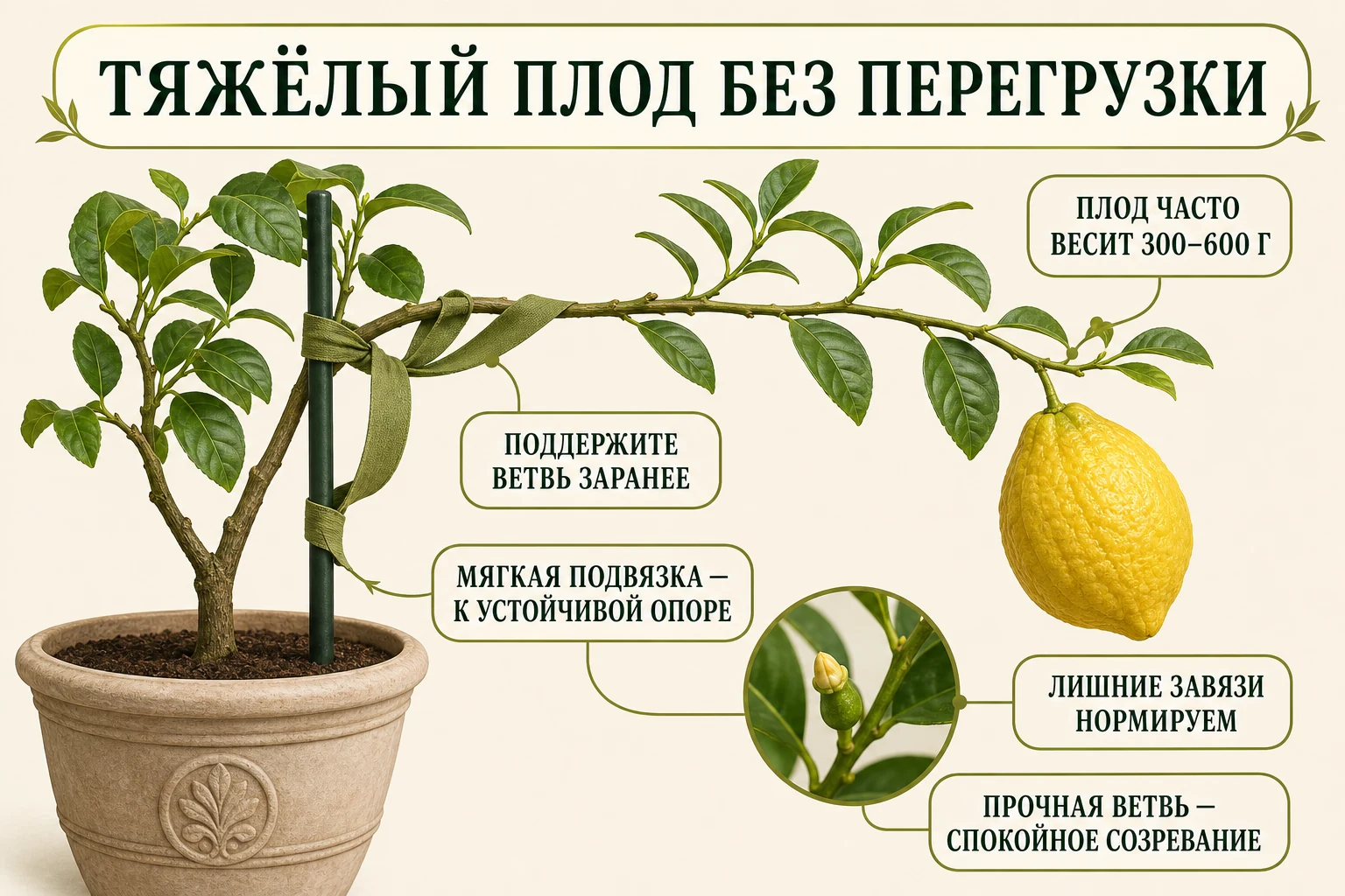 Правильная мягкая подвязка тяжёлого плода цитрона и нормирование завязей