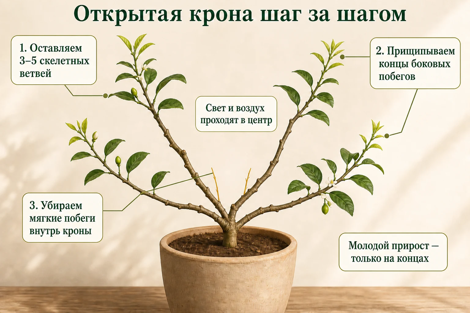 Пошаговая формировка открытой кроны лимона с четырьмя скелетными ветвями и прищипкой молодых концов.