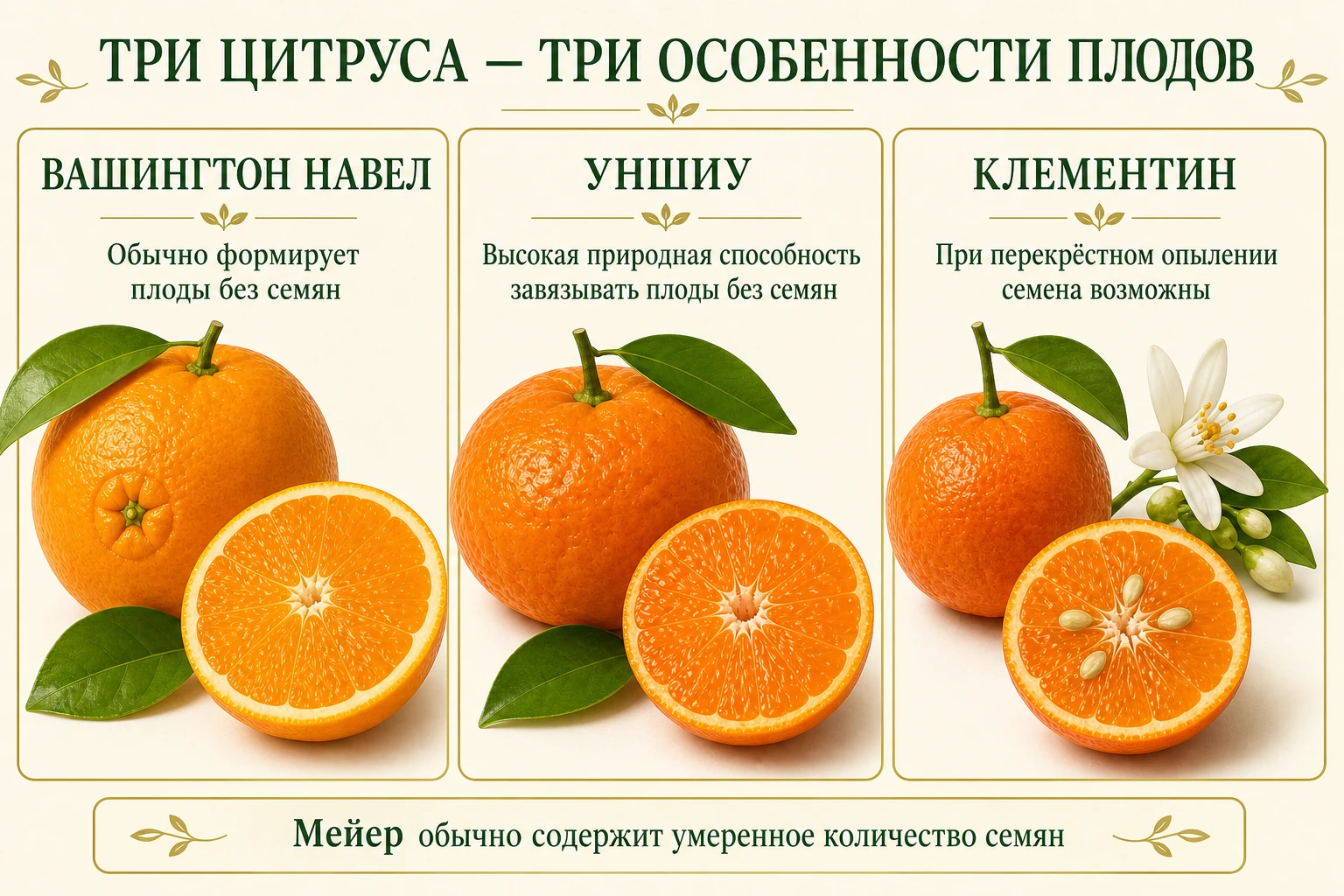 Сравнение Вашингтон Навел, Уншиу и клементина по механизмам бессемянности и реакции на чужую пыльцу.
