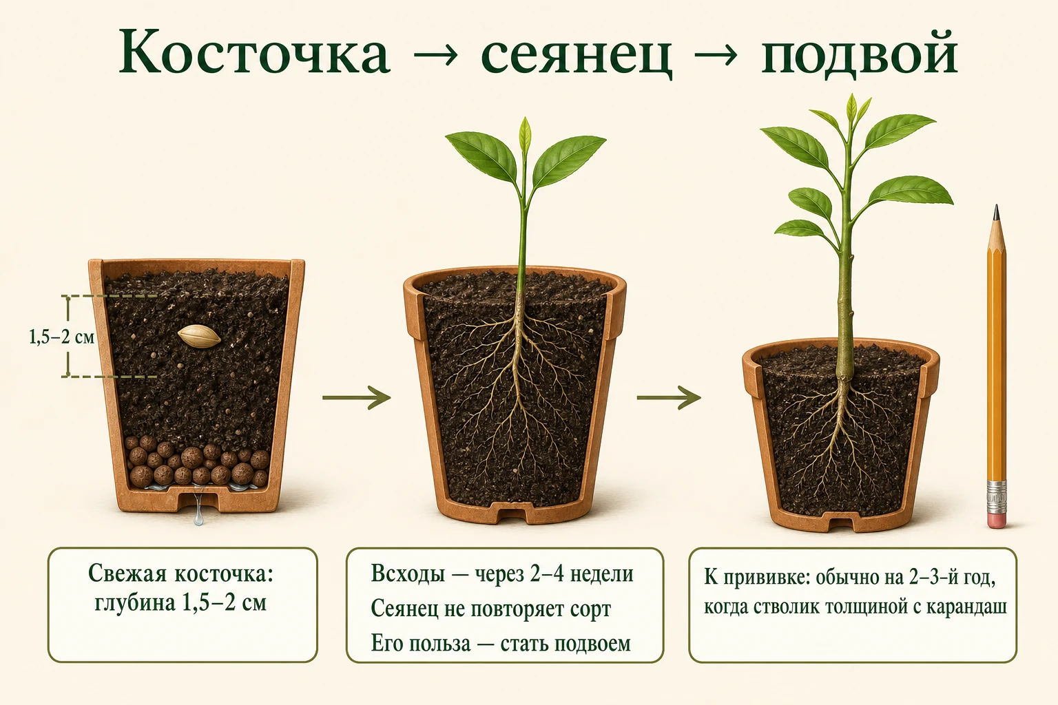 Путь лимона из свежей косточки: посадка на 1,5–2 см, всход через 2–4 недели и выращивание сеянца как подвоя.