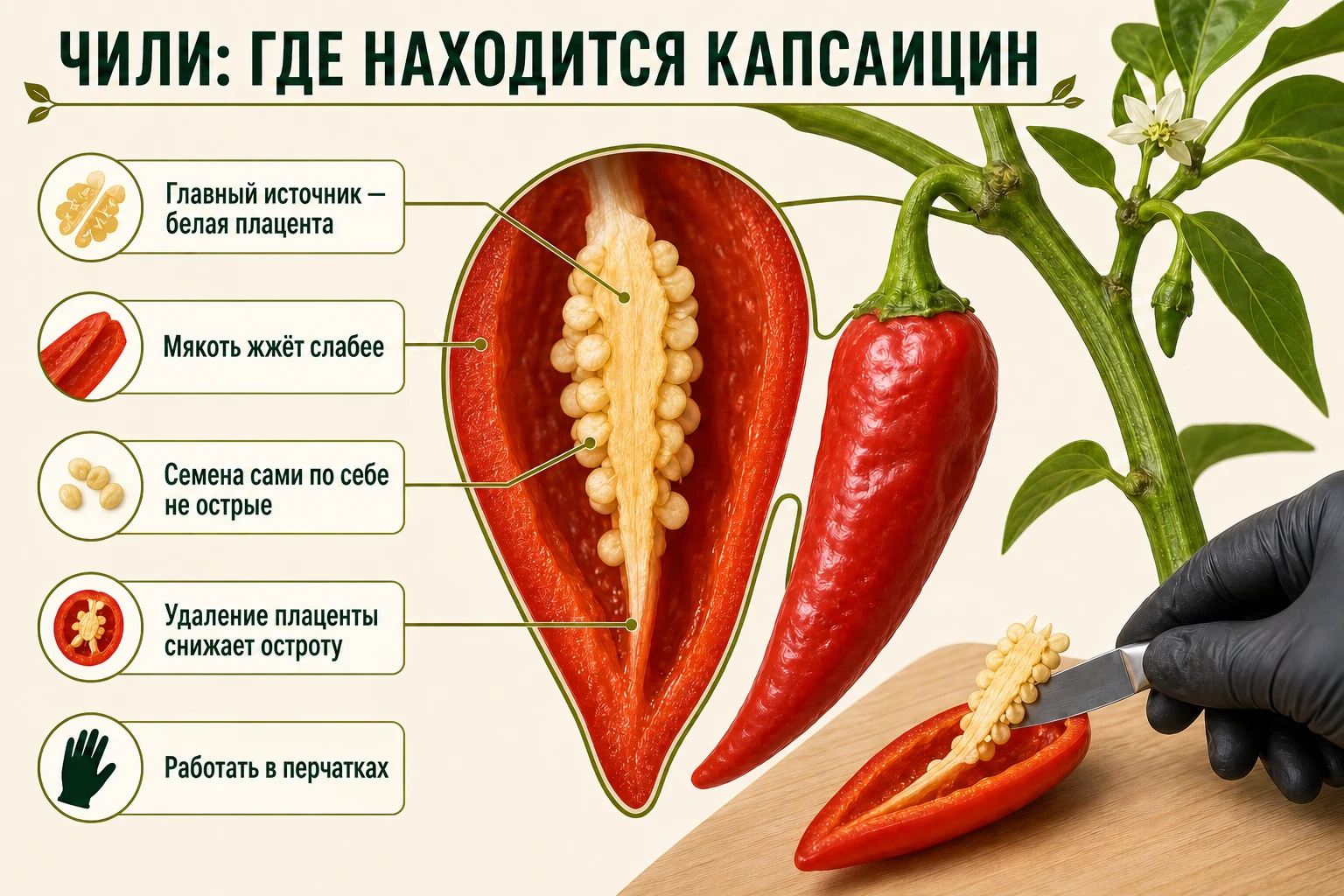 Прикреплённый плод чили и продольный разрез с выделенной белой плацентой, мякотью и семенами.