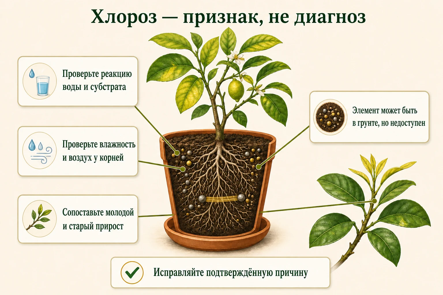 Схема хлороза как признака: доступность элементов зависит от воды, субстрата, влажности и состояния корней.