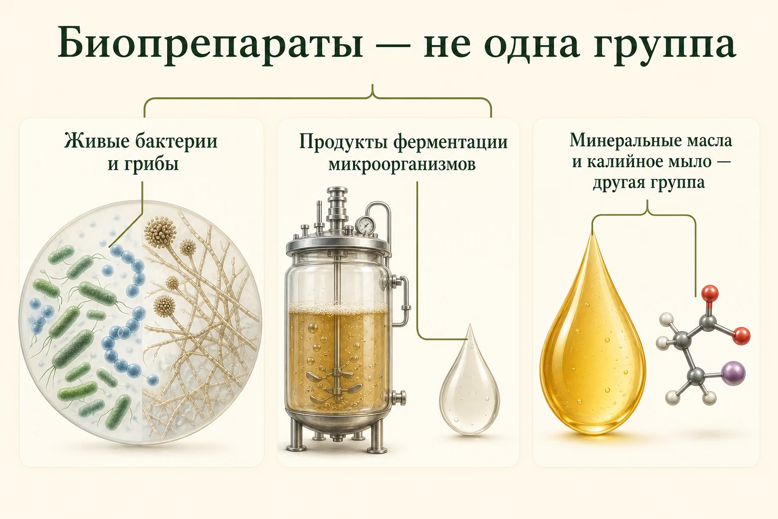 Три группы: живые микроорганизмы, продукты ферментации и отдельно минеральные масла с калийным мылом.