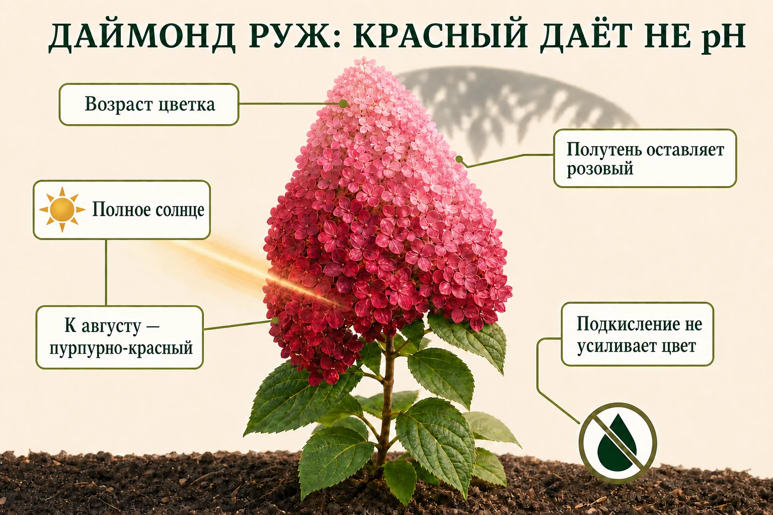 Одна метёлка Даймонд Руж с пурпурно-красной солнечной и розовой полутеневой зоной, отдельно от перечёркнутого pH.