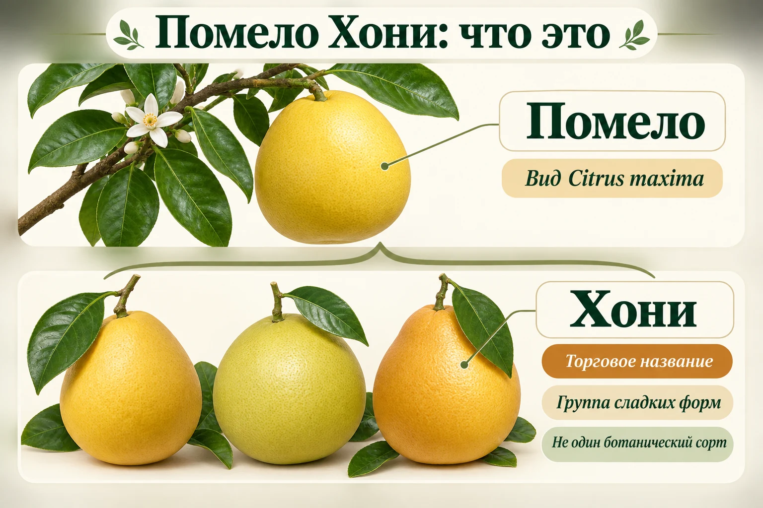 Классификация помело как вида Citrus maxima и Хони как торгового названия группы сладких форм.