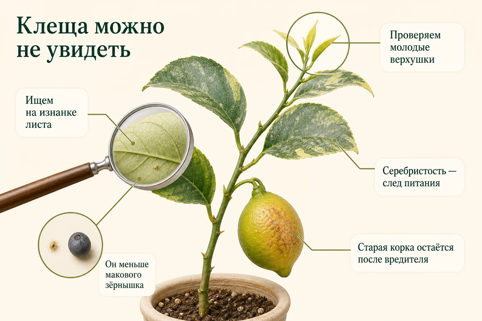 Крошечного клеща ищут под лупой на изнанке и молодых верхушках, а серебристость листа и ржавая корка плода могут сохраняться как старые следы питания.
