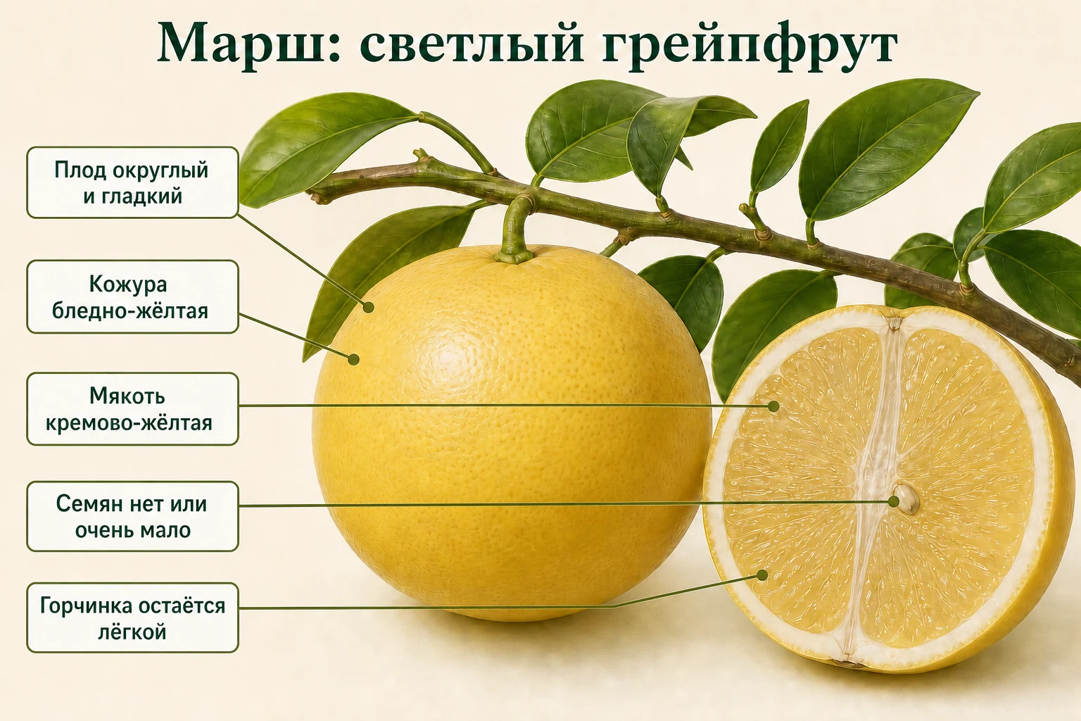 Светлый грейпфрут Марш: гладкий бледно-жёлтый плод с кремово-жёлтой мякотью и единичным семенем.