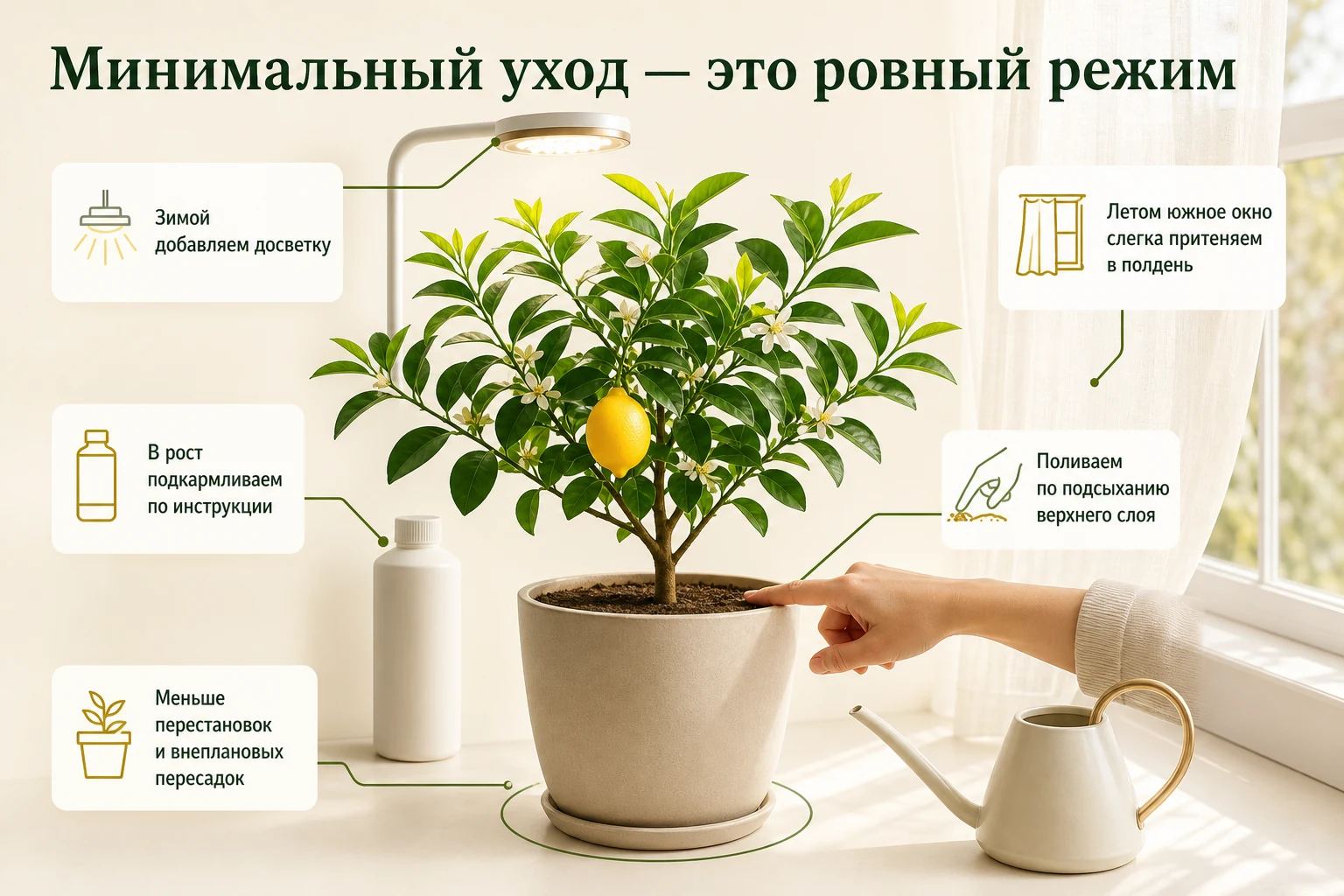 Минимальный уход за лимоном Мейера включает зимнюю досветку, сезонное питание, полив по подсыханию и стабильное место.