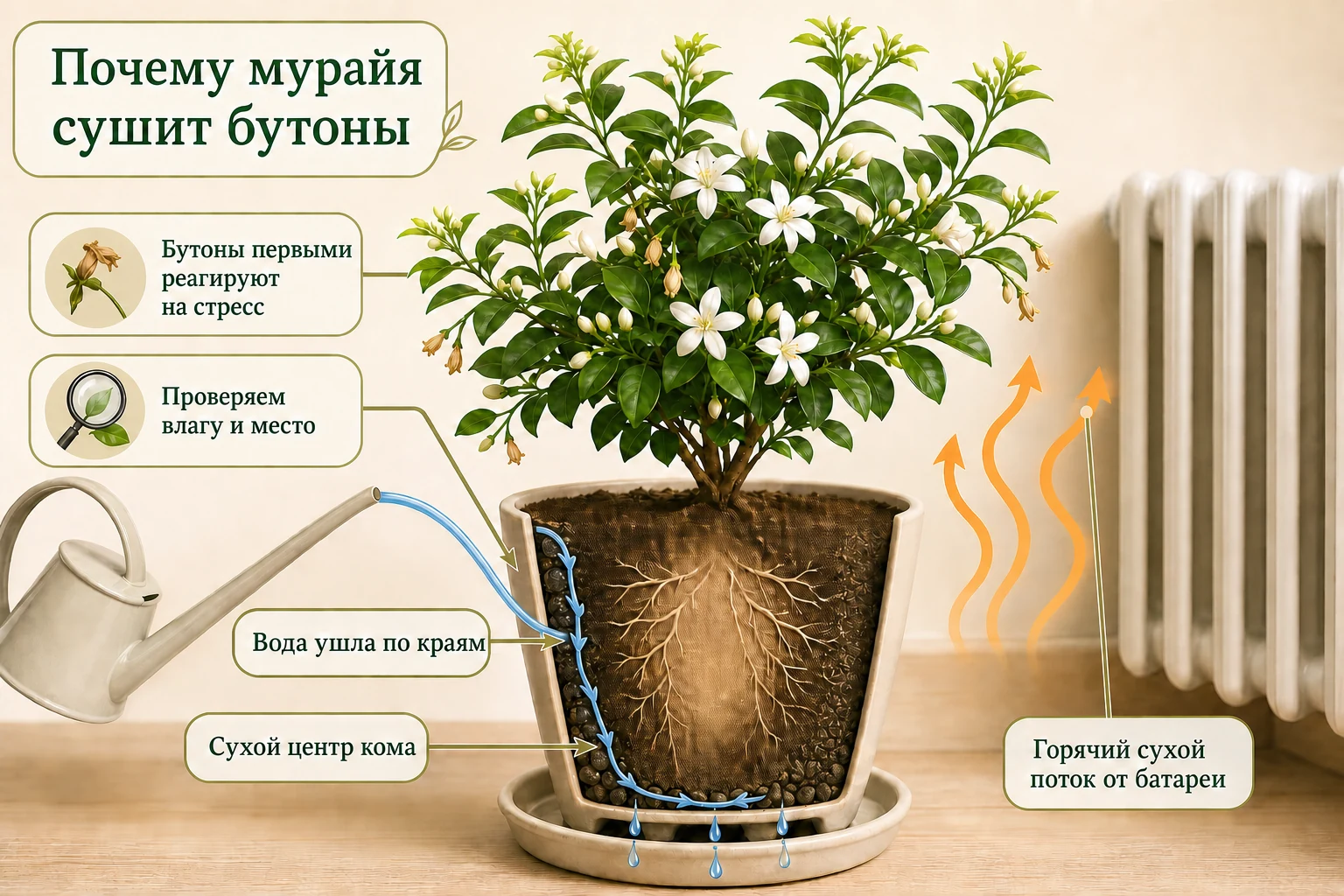 Две причины подсыхания бутонов мурайи: сухой центр корневого кома при стоке воды по краям и горячий сухой воздух от батареи.