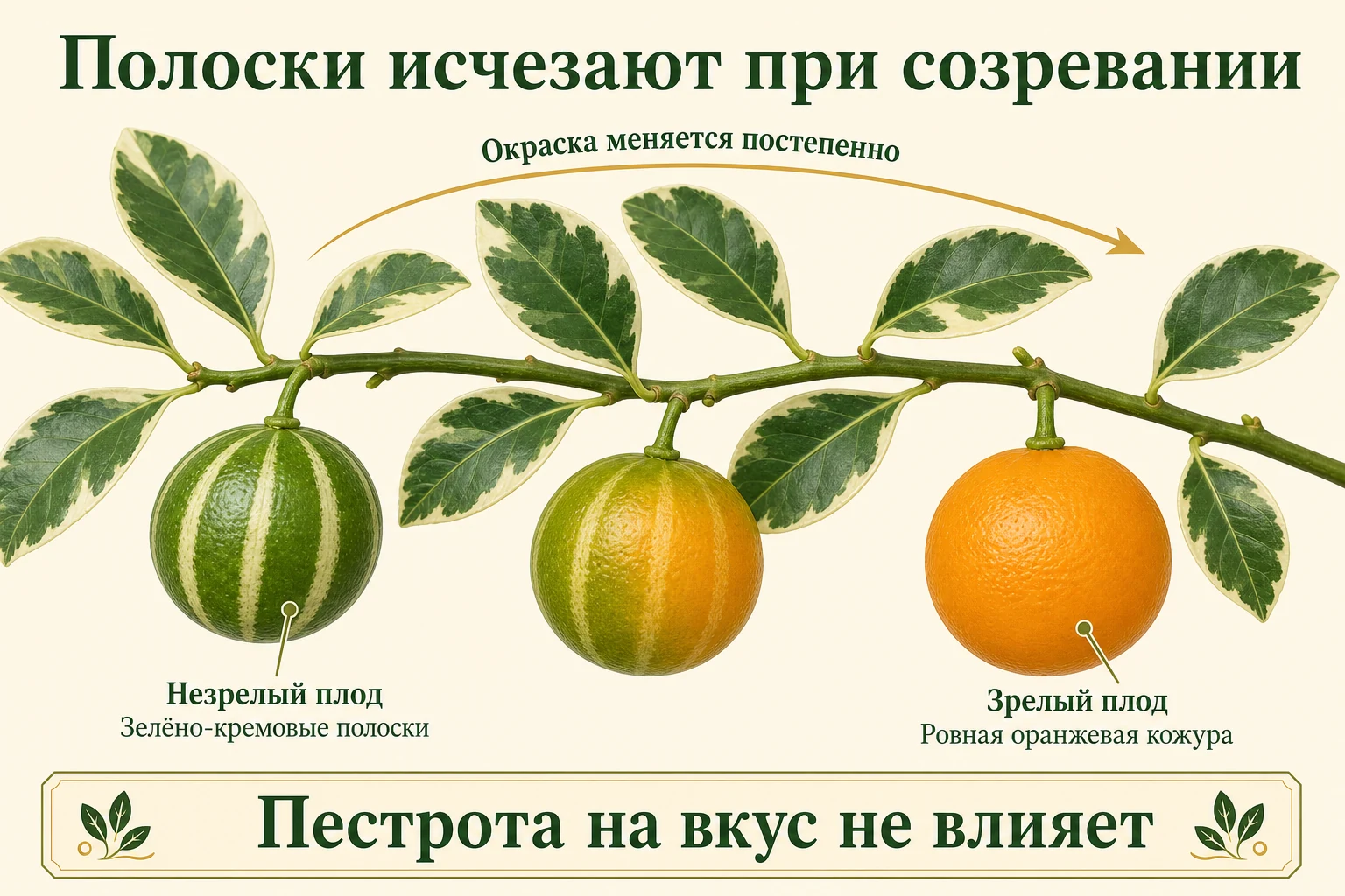 Три прикреплённых плода вариегатного каламондина показывают переход от зелёно-кремовых полос к ровной оранжевой кожуре.