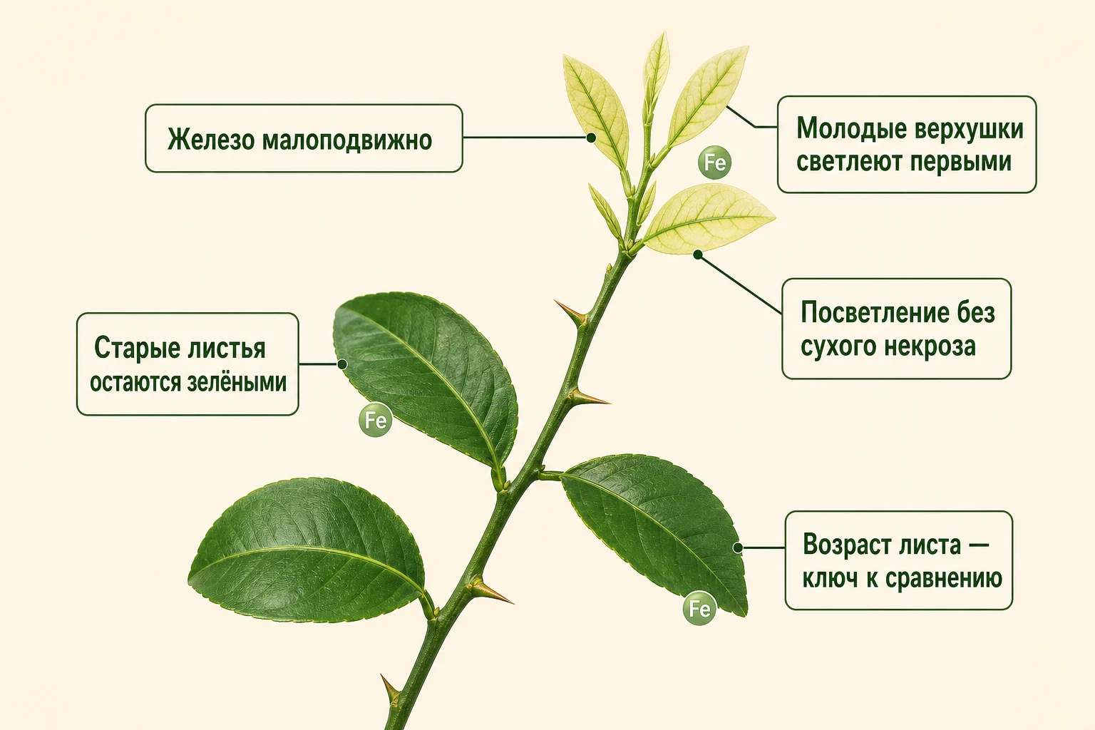 На одной ветви цитруса старые листья остаются зелёными, а живой молодой прирост на самом конце светлеет первым из-за малоподвижности железа.