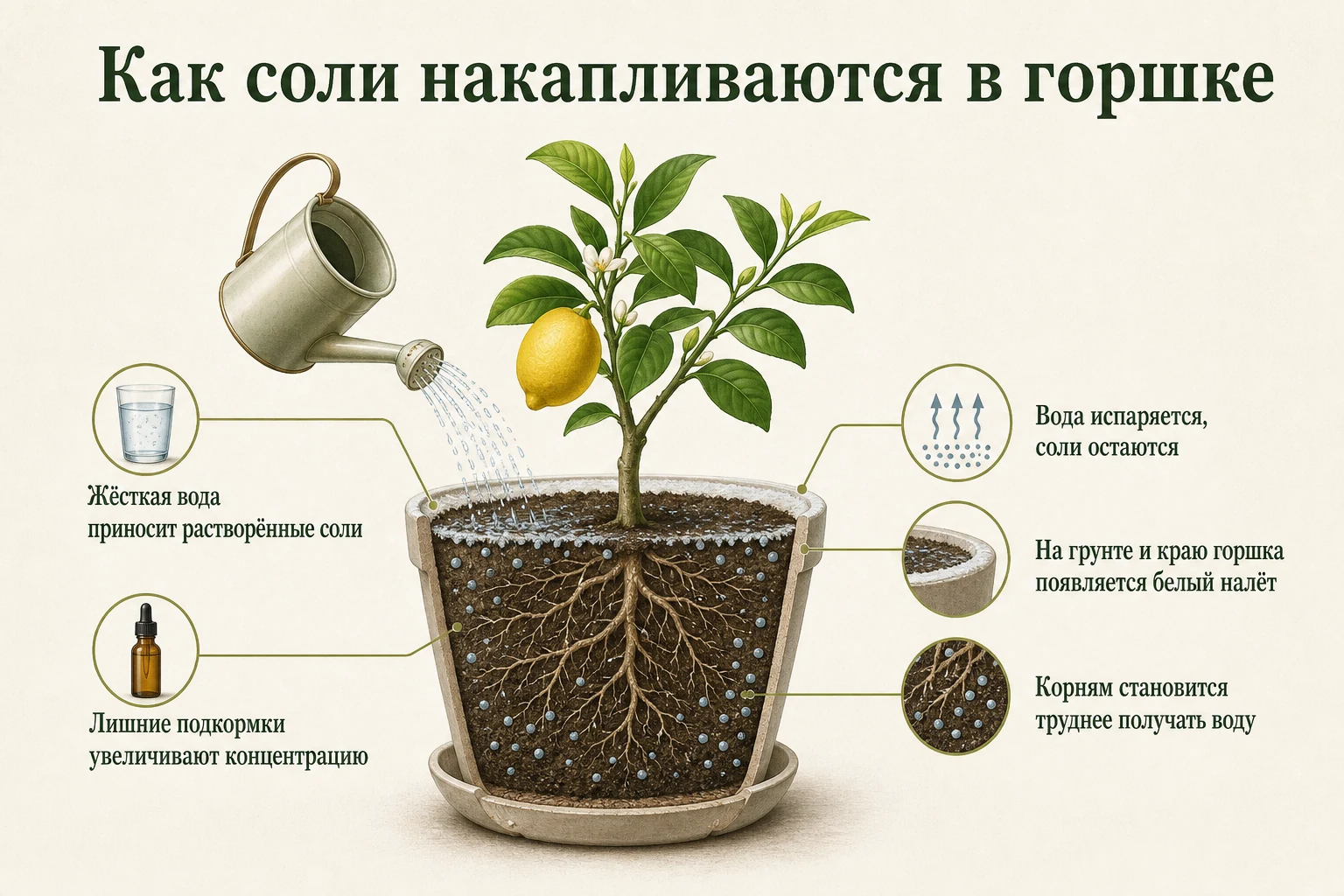 Как соли накапливаются в горшке: наглядная схема для комнатных цитрусов