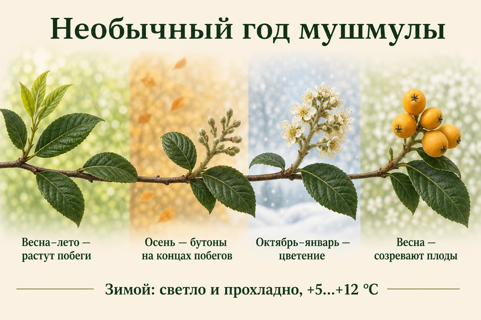 Календарь мушмулы: рост побегов весной и летом, бутоны на концах побегов осенью, цветение в октябре–январе и плоды весной.