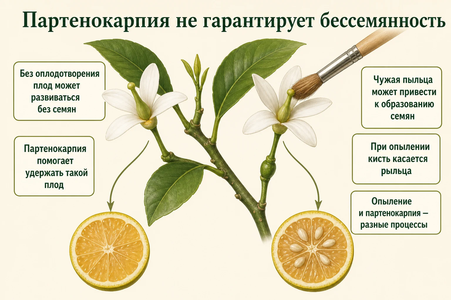 Два разных процесса: плод может удерживаться без оплодотворения, а реальное опыление кистью может привести к семенам.