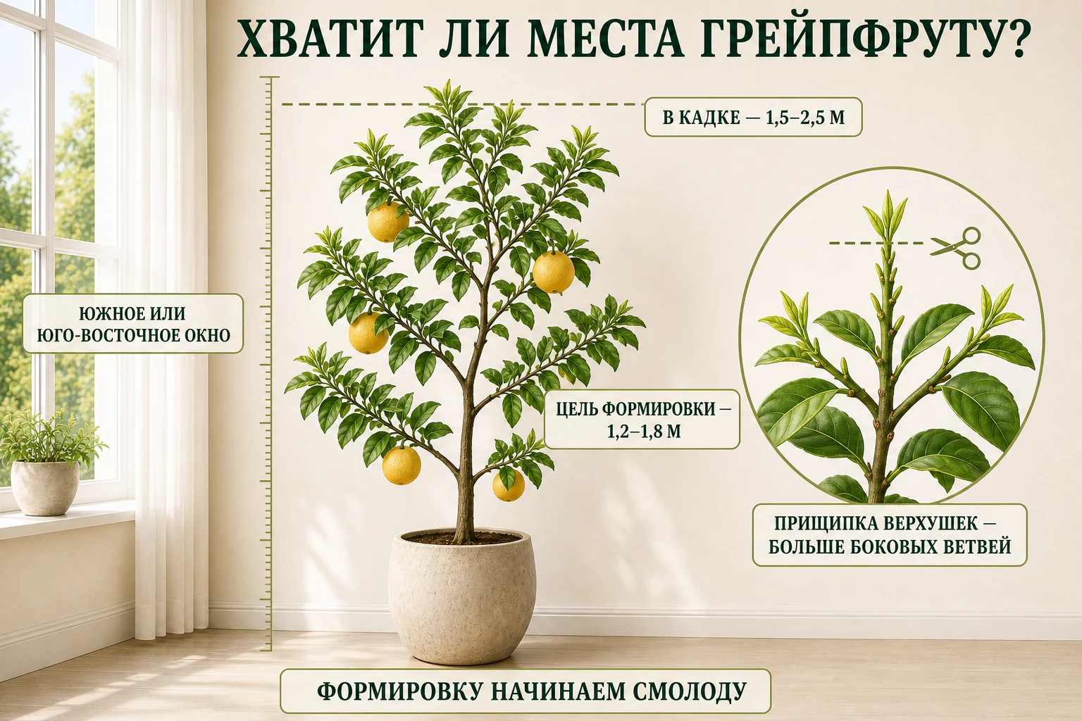 Размер комнатного грейпфрута в кадке и целевая высота сформированной кроны рядом с окном