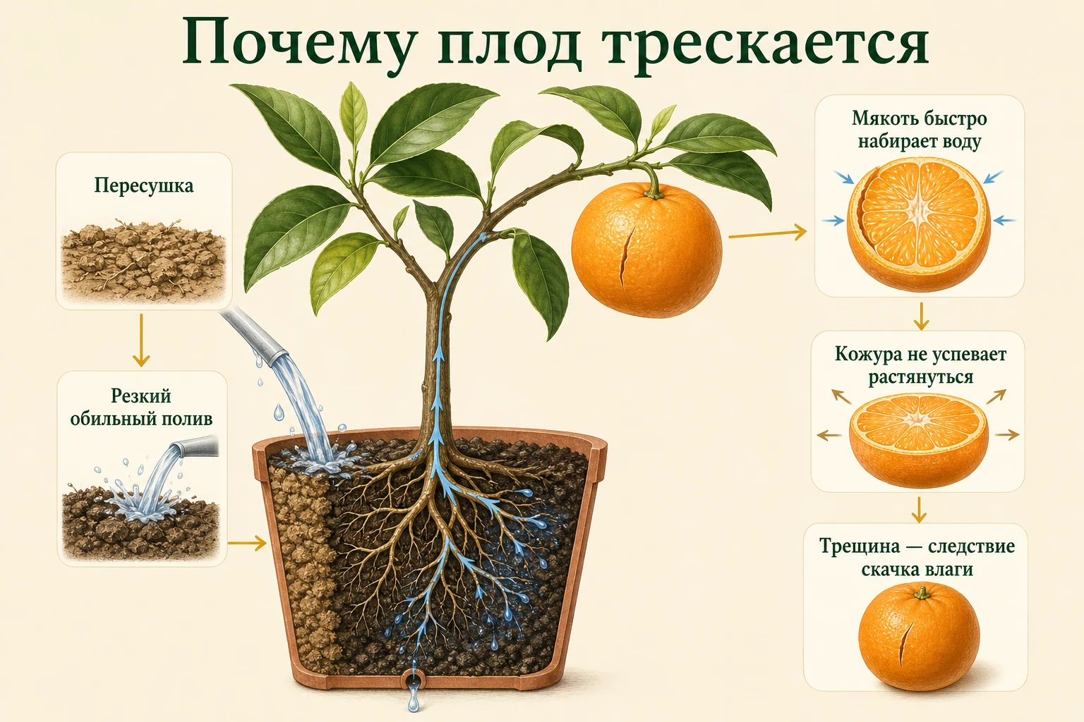 Схема растрескивания мандарина после пересушки и резкого полива: мякоть набирает воду быстрее кожуры.