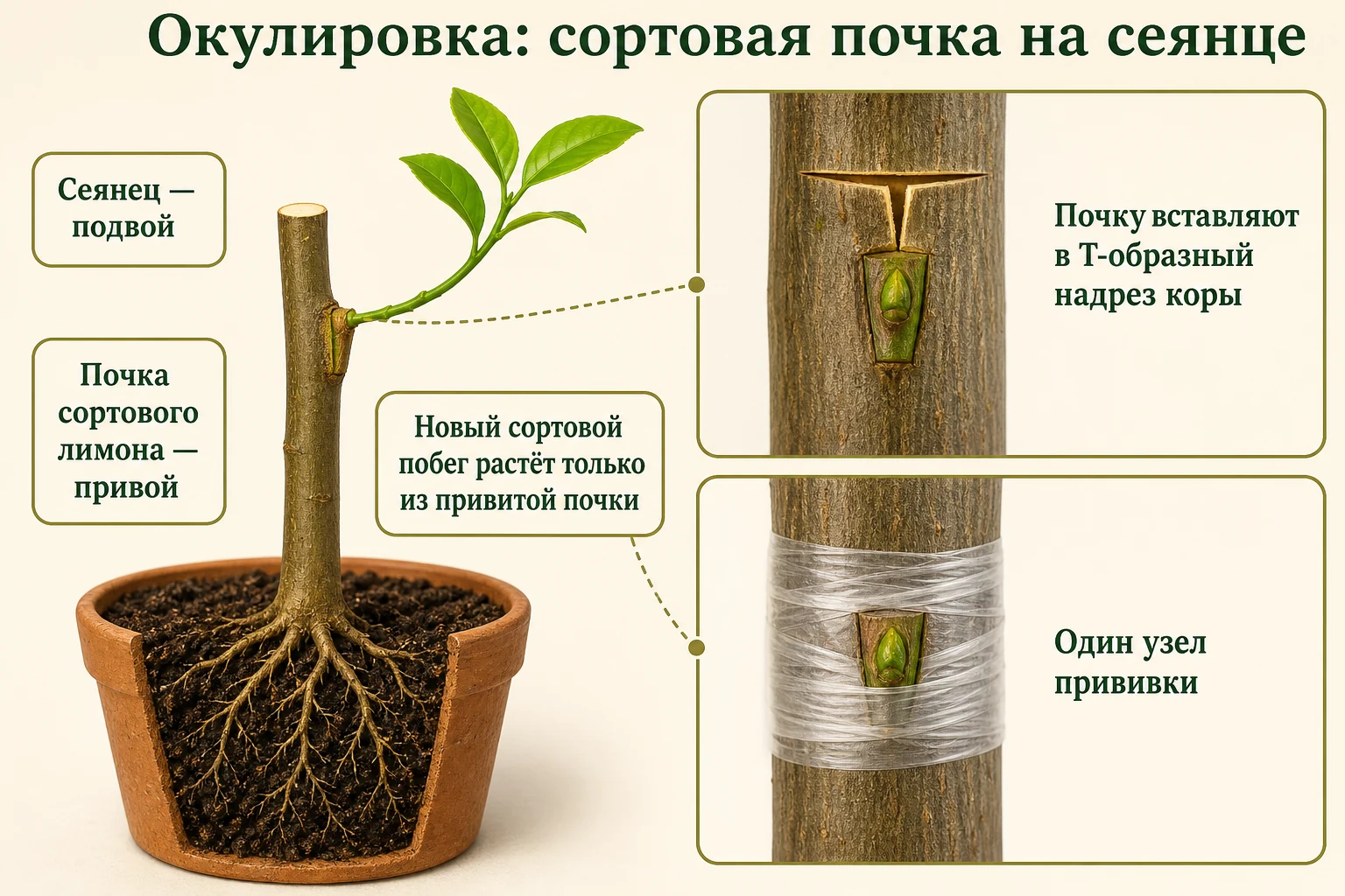 Окулировка лимона: сортовую почку вставляют в Т-образный надрез сеянца-подвоя, новый сортовой побег растёт из этой почки.