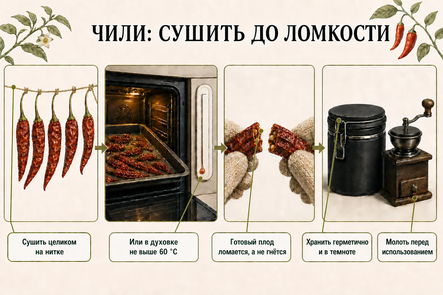 Последовательность сушки чили на нитке или при температуре до 60 °C, проверка ломкости и хранение целыми в тёмной банке.