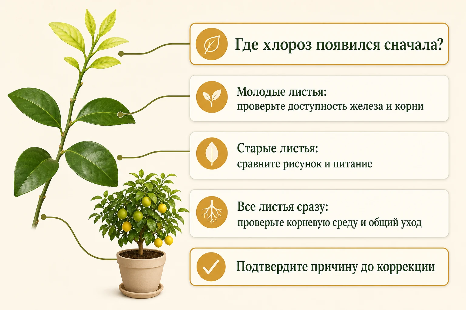 Развилка проверки хлороза по тому, где изменения начались: на молодых, старых или сразу на всех листьях.