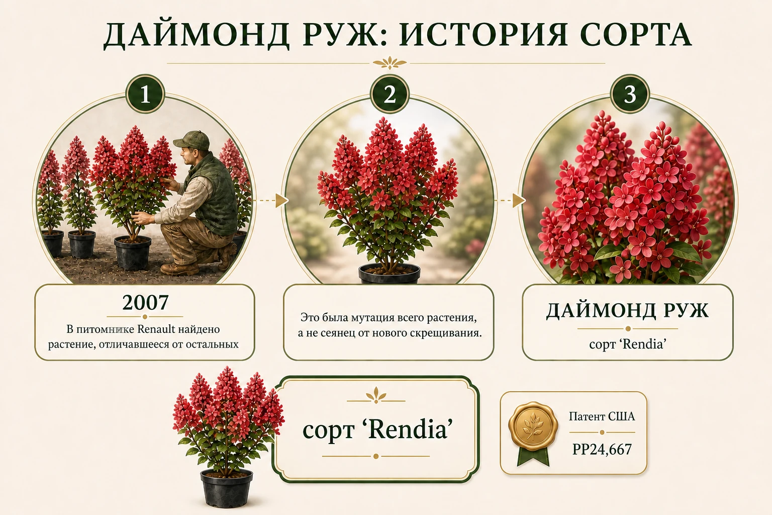 Ряд питомника, одно целиком мутировавшее растение 2007 года, черенок 'Rendia' и патент PP24,667.