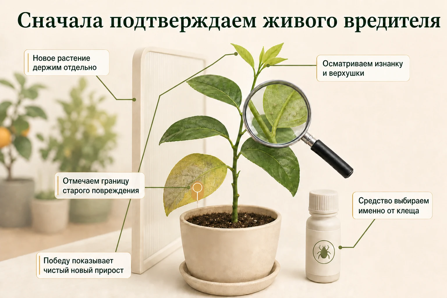 Новое растение держат отдельно, под лупой проверяют изнанку и верхушки, отмечают старые следы и оценивают чистоту нового прироста; средство выбирают только по подтверждённой мишени.