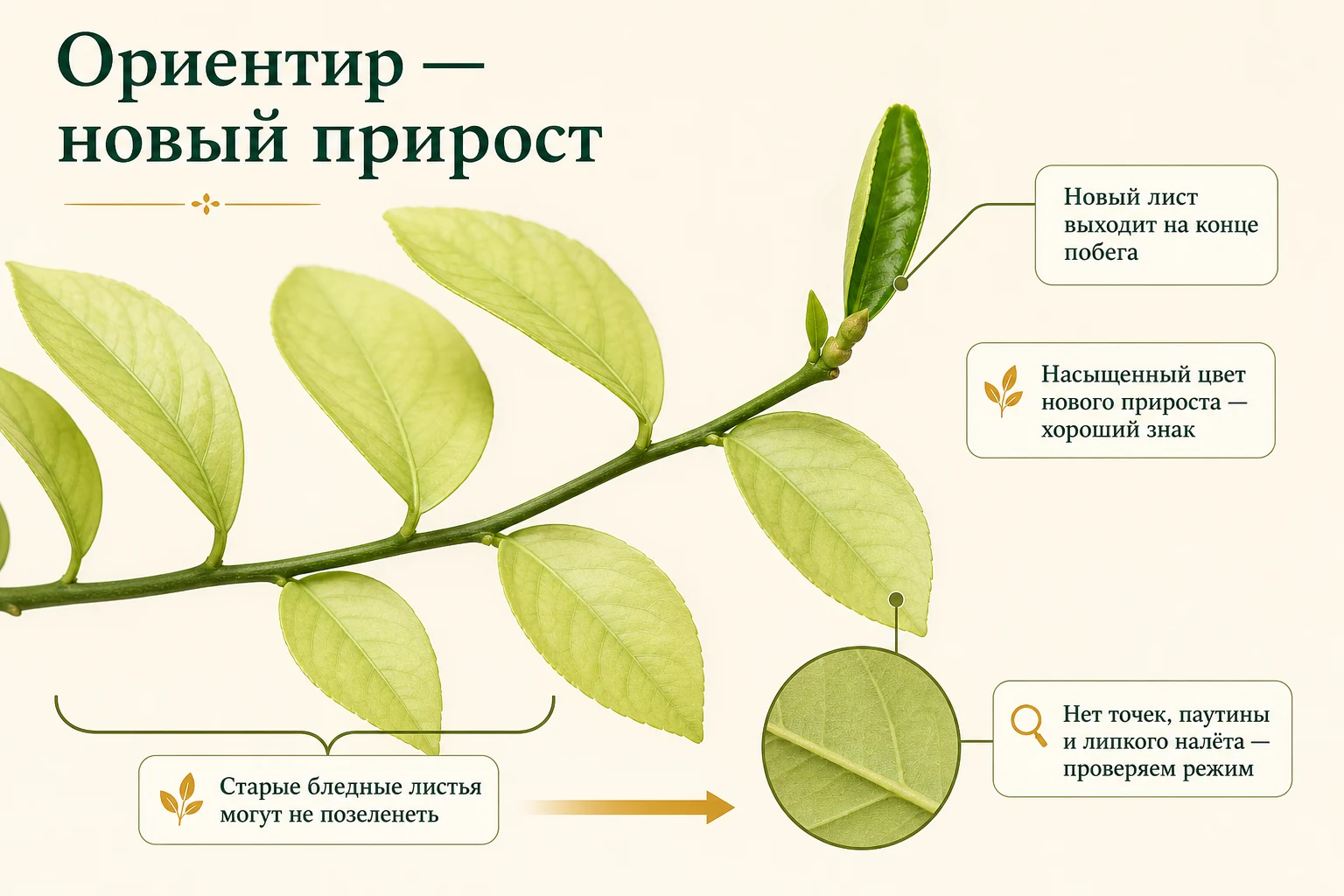 Восстановление Мейера оценивают по новому зелёному листу на конце побега, а старые бледные листья могут не изменить цвет.