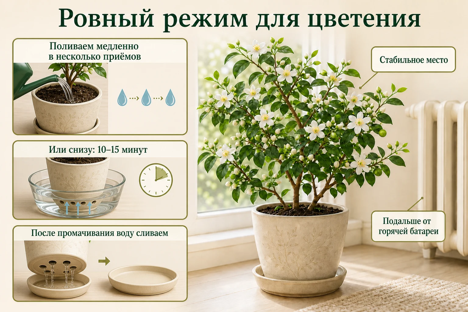Ровный режим для цветения мурайи: медленный полив в несколько приёмов или нижнее промачивание на 10–15 минут с последующим сливом воды.