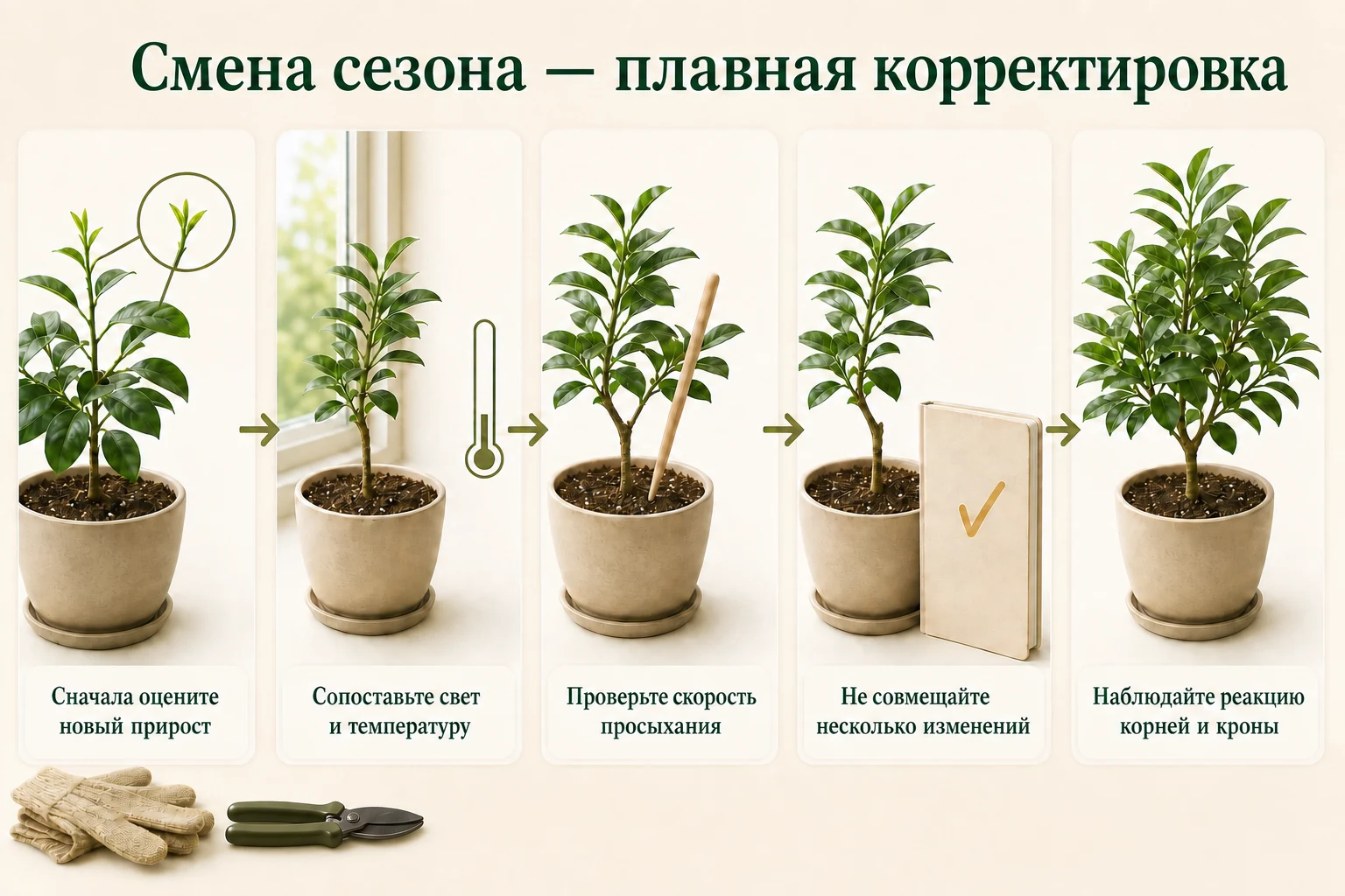 Плавный маршрут сезонной корректировки питания по приросту, свету, температуре и просыханию кома.