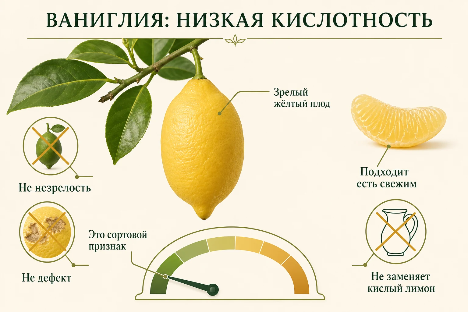 Зрелый жёлтый плод Ваниглии и ненумерованная шкала низкой кислотности как нормального сортового признака.