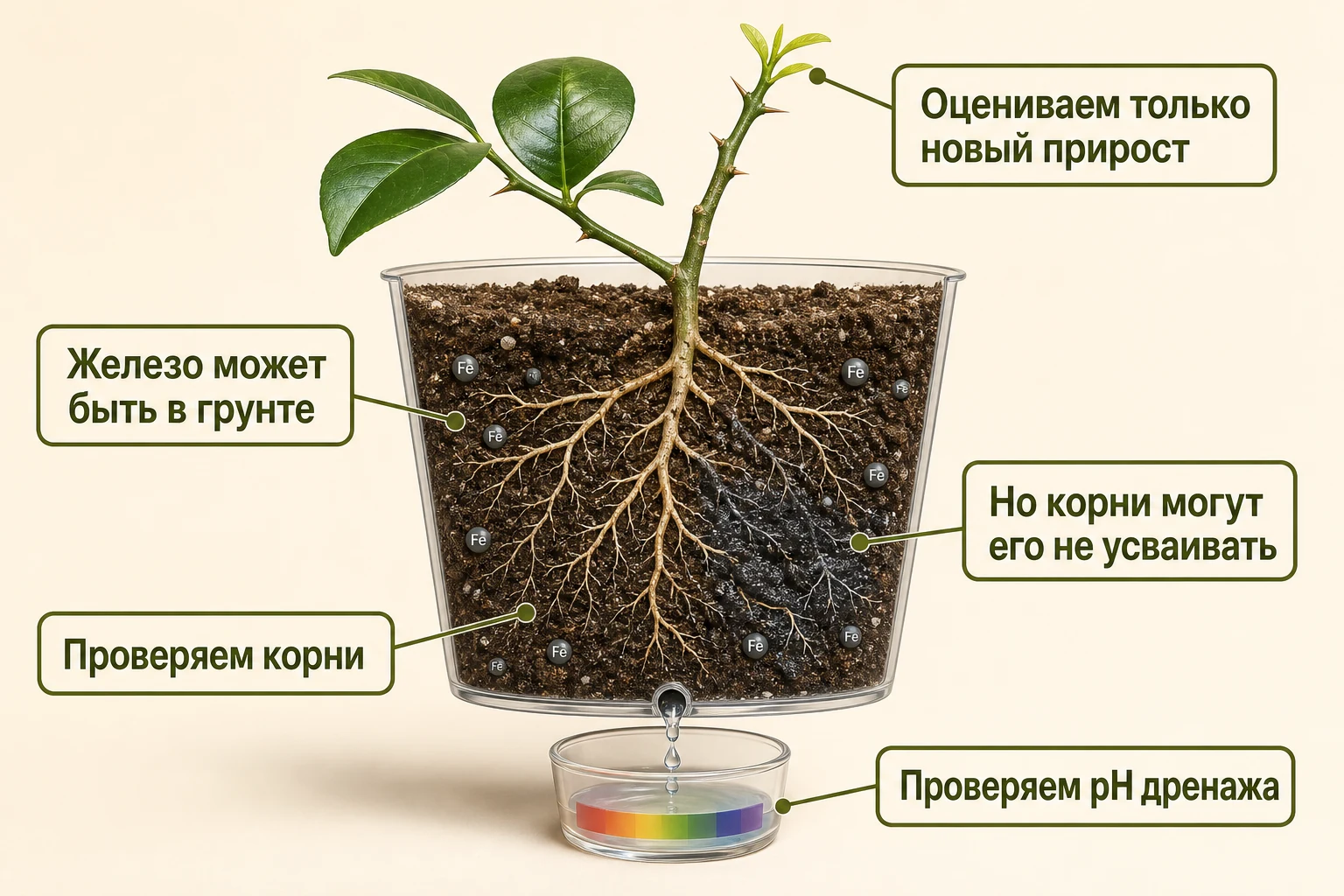 Разрез горшка показывает железо в грунте, ослабленные корни и отдельную проверку pH дренажа, а результат оценивают по новому приросту на конце ветви.