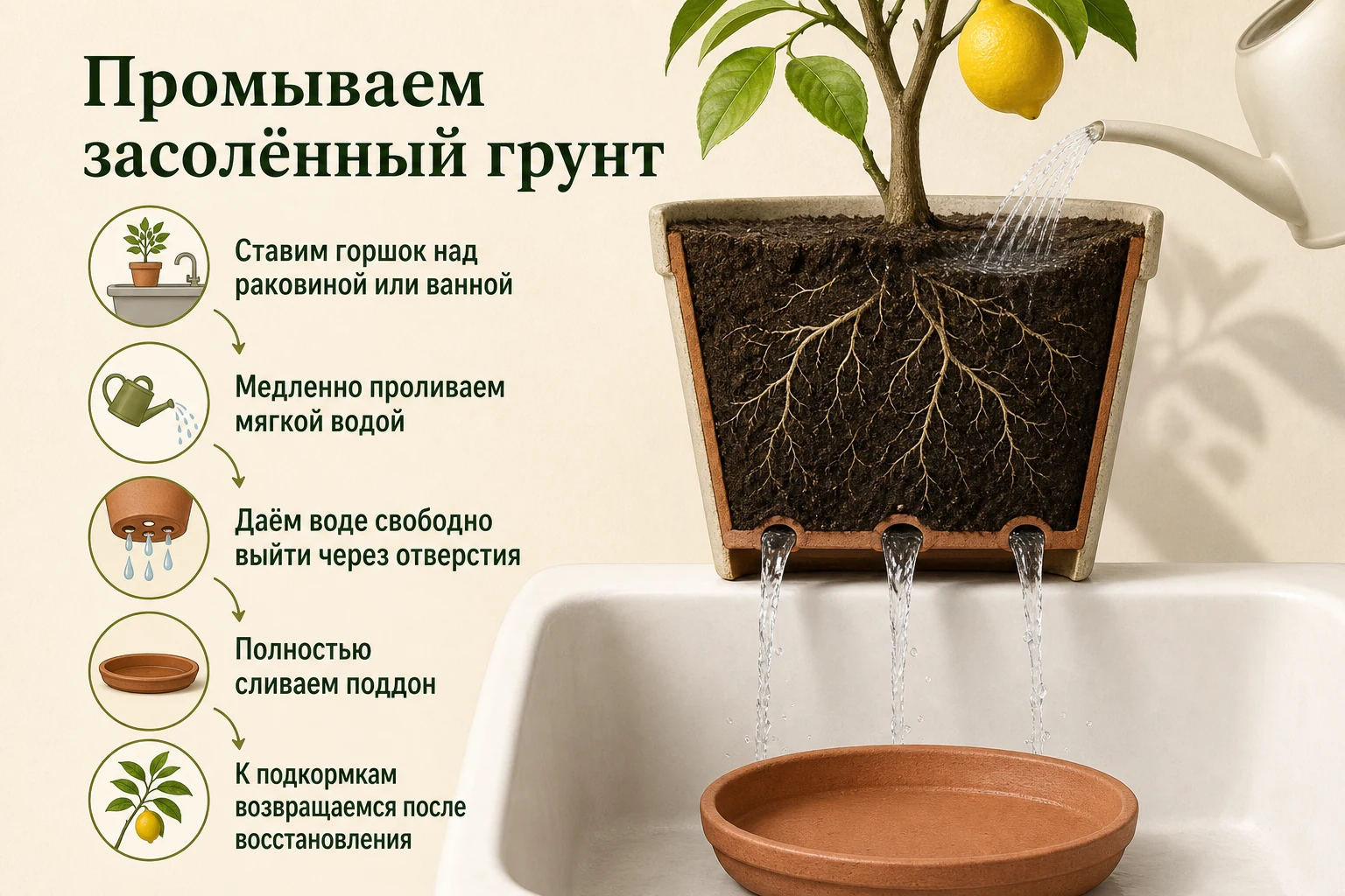 Промывка грунта по шагам: наглядная схема для комнатных цитрусов