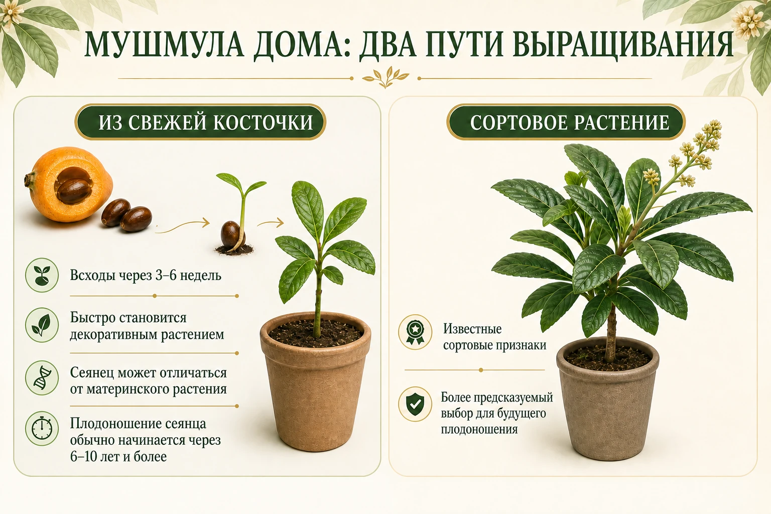 Сравнение мушмулы из свежей косточки и сортового растения: быстрый декоративный сеянец без сохранения сорта и выбор с известными сортовыми признаками.
