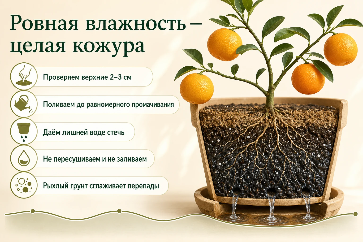 Ровный полив мандарина: подсохшие верхние 2–3 см, равномерно влажный рыхлый ком и целые плоды.